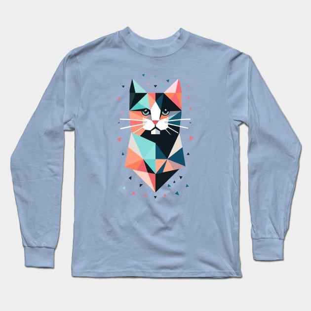 Geometric Cat Retro Design Long Sleeve T-Shirt by Delicious Art